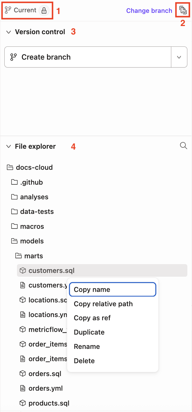 The Git repo link, documentation site button, Version Control menu, and File Explorer